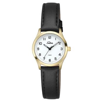 SELVA Damen Quarz Armbanduhr mit Lederband Zifferblatt weiß, Gehäuse vergoldet Ø 27mm